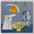 Three Vessels and Daffs features a modern still life with a drooping yellow daffodil, blue vase, white jug, and yellow-patterned bowl on a dark blue surface. Rough textured brushstrokes add an abstract touch against the grey background.