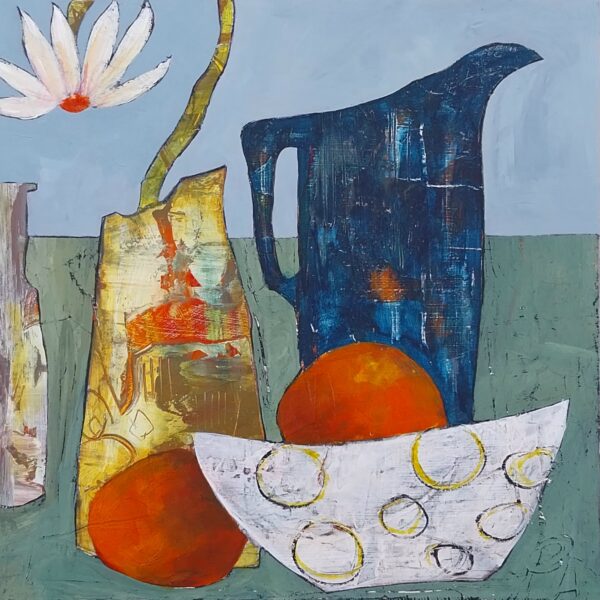 Two Oranges and Daisy" depicts a white flower in a vase, two oranges, a dark blue jug, and a yellow vase with decoration, all arranged on a muted green and blue background.