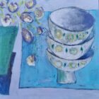 Stacking Bowls and Flowers features three stacked bowls with yellow and green circular designs on a blue table, alongside a vase containing abstract yellow, white, and brown flowers set against blue and green backdrops.