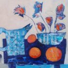 Oranges, Flowers, Jug: An abstract painting featuring a blue jug and bowl, orange-red flowers, three large orange circles, and bold blue and white patterns on a pale background in a loose, textured style.