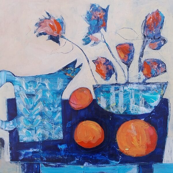 Oranges, Flowers, Jug: An abstract painting featuring a blue jug and bowl, orange-red flowers, three large orange circles, and bold blue and white patterns on a pale background in a loose, textured style.