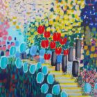 Spring Feast" is a colourful abstract painting featuring bright red, yellow, blue, and pink dappled shapes for flowers and greenery, with bold blue and black strokes evoking tree trunks along a garden pathway.